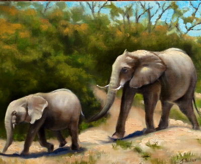 Tanzania Safari, Mother & Baby elephants 12x16 oil