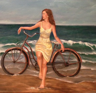 30X24 OIL on LINEN- live figure "Becky on the Bike"