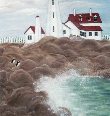 "LIGHTHOUSE WITH PUFFINS"(SOLD) 24X30 OIL